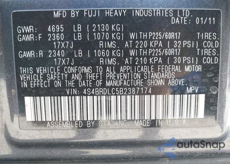 2011 Subaru Outback 3.6R Limited from USA, damaged, VIN 4S4BRDLC5B2387174